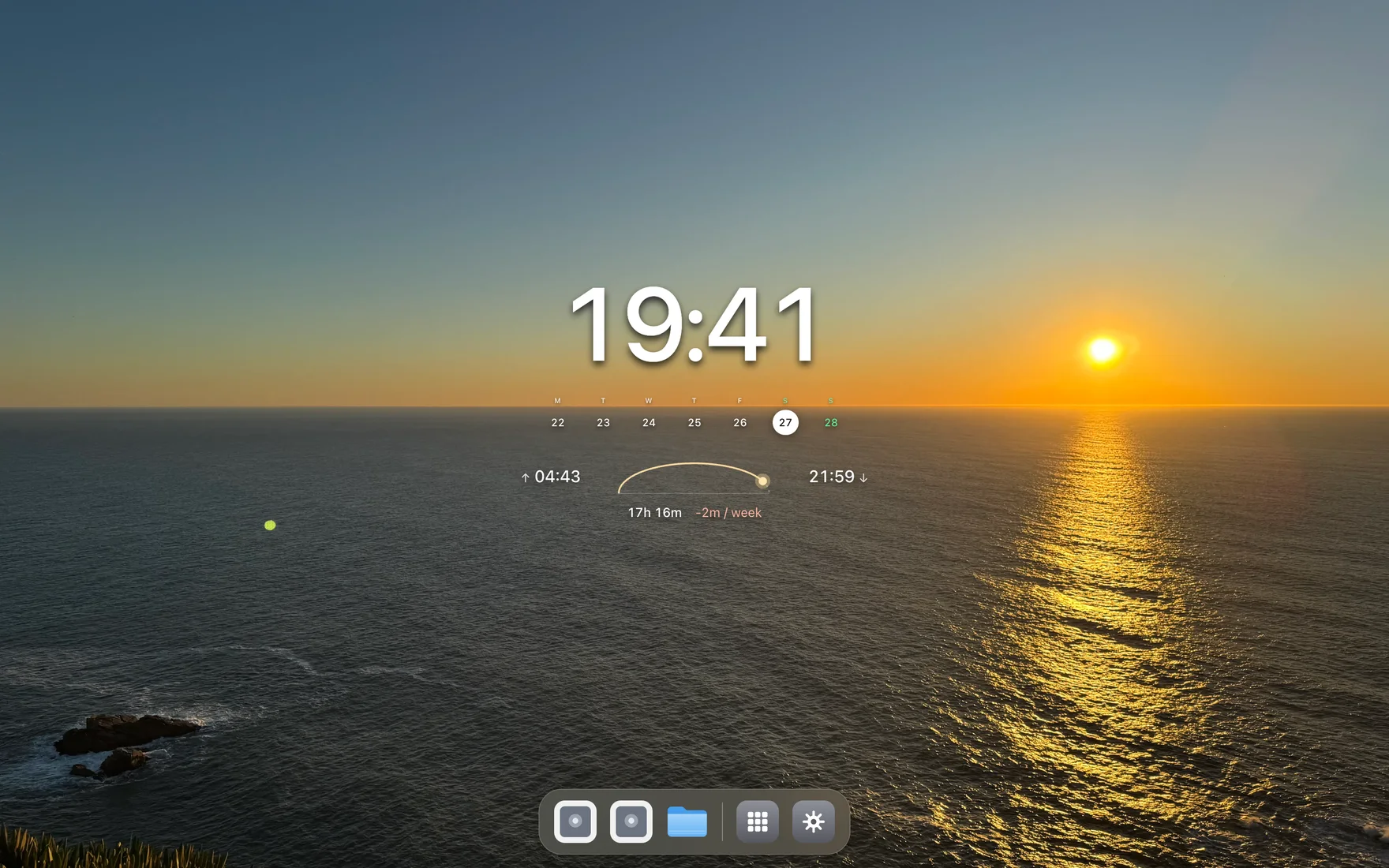 The Dashboard new tab: a centered clock, a week strip, and a sunrise/sunset arc over a full-screen landscape, with a dock at the bottom.